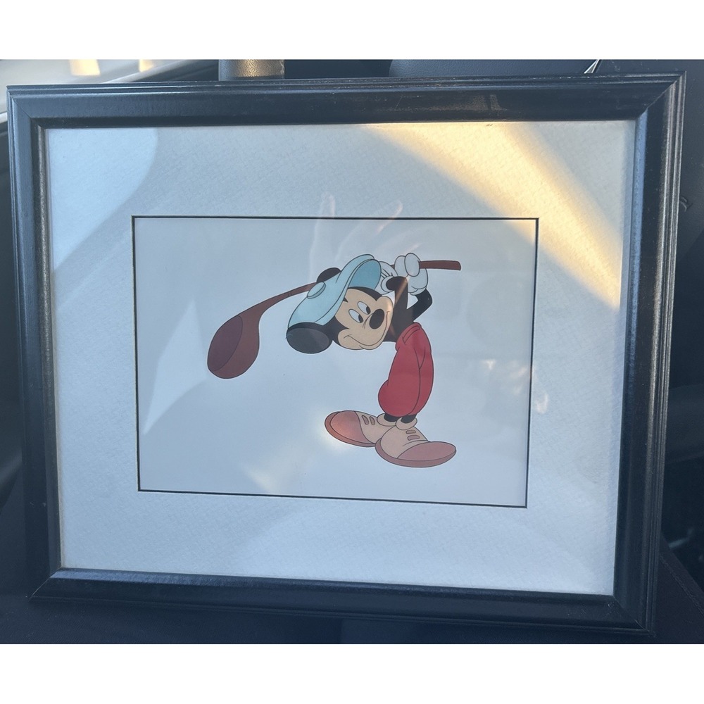 MICKEY MOUSE "CANINE CADDY" FRAMED ART PRINT. 5" X 7" ANIMATION ART Small damage